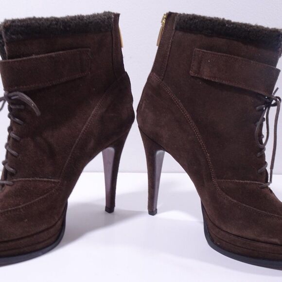 LIU JO Women's Brown Suede Shearling Fur Platform Lace Up High Ankle Boots Sz 37 - Picture 4 of 10